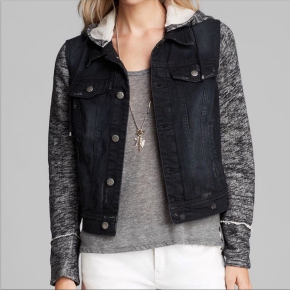 Free People Distressed Denim Jacket With Knit Sleeves Removable Hoodie large - Picture 4 of 13